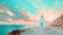 White church with beautiful seascape at sunset.