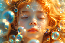 Portrait of a beautiful little girl with blond curly hair with soap bubbles.