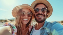 Smiling couple taking selfie with smartphone on beach summer. Holidays, vacation, travel and people concept.