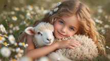 Cute little girl with lamb on camomile field. Child with lamb.