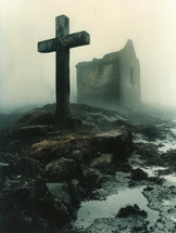 Cross on the rock, with a destroyed house and misty background.