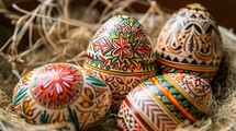 Painted Easter eggs in rustic style. Close-up.