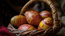 Painted Easter eggs in a wicker basket on a red cloth
