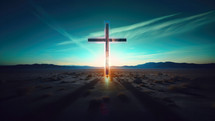 Cross of Jesus Christ in desert with a sky background