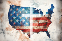 Cross over grunge United States of America map with national flag on old paper