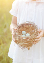 girl child holding a bird's nest 