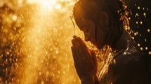 Young woman praying in the rain with golden bokeh background.