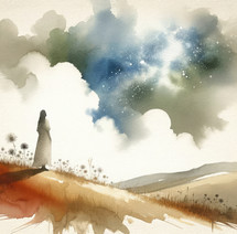 Contemplating heaven. Digital watercolor painting of a woman looking at the sky.	