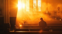 Sunlit prayer. Man praying in the church in the sunbeams shining through the window.