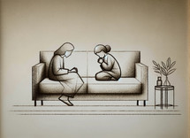 Illustration of a mother and her daughter praying together, sitting on a sofa in the living room