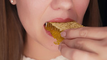 Woman eating honey with wax honeycomb. Close-up mouth. Healthy food ,natural sweets. Yummy background. High quality photo
