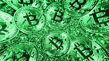 Popular cryptocurrency bitcoin. Coins under green neon light. Market trading profit, mining, investment, cyberspace concept. Close-up detailed background. High quality photo