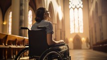 Young woman with glasses in a wheelchair in a church. Selective focus.