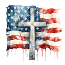 American flag with cross. Hand drawn watercolor illustration isolated on white background.