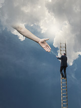 man climbing a ladder to heaven and reaching hand of God 