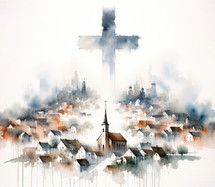 Watercolor painting of a Christian cross over the town on a white background. Watercolor digital painting.