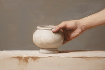 a minimal image of a single hand holding a pot or vessel, primitive, bible times