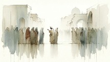 Jesus meets the women of Jerusalem. Digital watercolor painting.