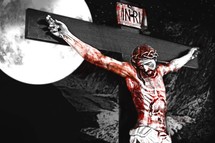 Drawing of blood-covered Jesus on the cross with the moon.