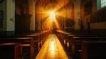 Church interior with rays of light and lens flare. Religious background.