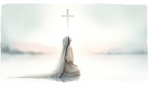 Mary kneeling and looking at the cross in the sky. Digital watercolor painting.