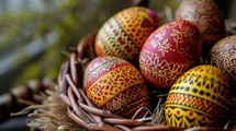 Painted Easter eggs in a wicker basket on a blurred background