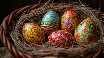 Colorful painted easter eggs in a basket on rustic background