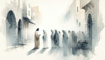 Jesus meets the women of Jerusalem. Digital watercolor painting.