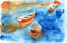 watercolor painting of boats on water 