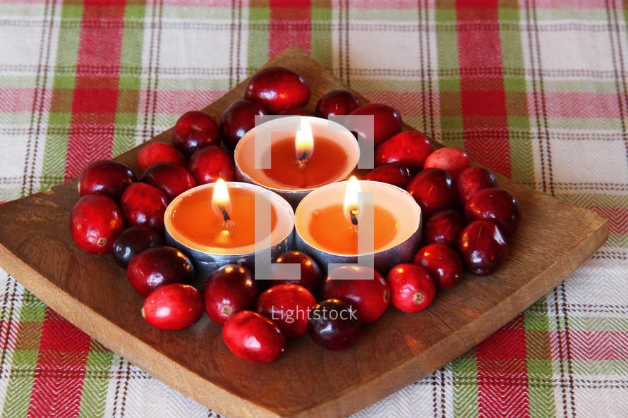 centerpiece on a table with cranberries and candles 