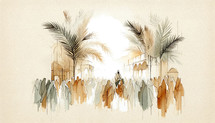 Jesus entering in Jerusalem on a donkey, welcomed by the crowd. Palm Sunday. Watercolor Biblical Illustration.