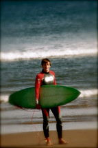 man in a wetsuit on a beach holding a surfboard