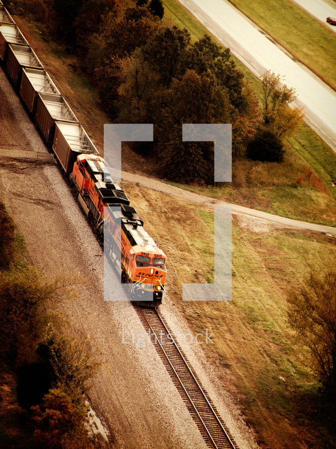 aerial view of a train on the tracks 