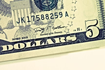Close up of a five dollar bill