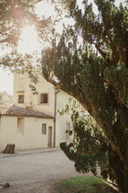 gravel driveway and tree in front of a house in Italy 