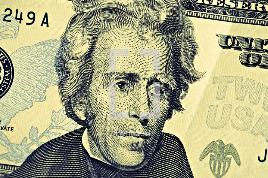 A closeup of a twenty dollar bill and Andrew Jackson