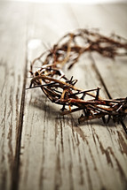 A crown of thorns on white washed wood planks.