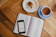app, Bible study, study notes, Bible, pages, coffee cup, pastry, danish, plate