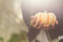 a person holding a striped pumpkin 