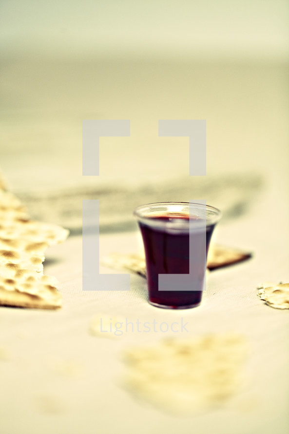 Communion cup filled with wine and broken pieces of an unleavened cracker