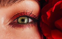 woman's eye with red flower 