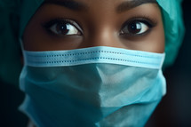 Close-up shot of African American nurse with a mask