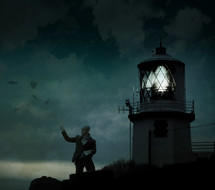 man tossing the pages of a book in front of a glowing lighthouse 