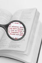 Bible with verse magnified with magnifying glass.