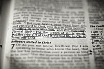 A closeup scripture verse of Romans 6:23
