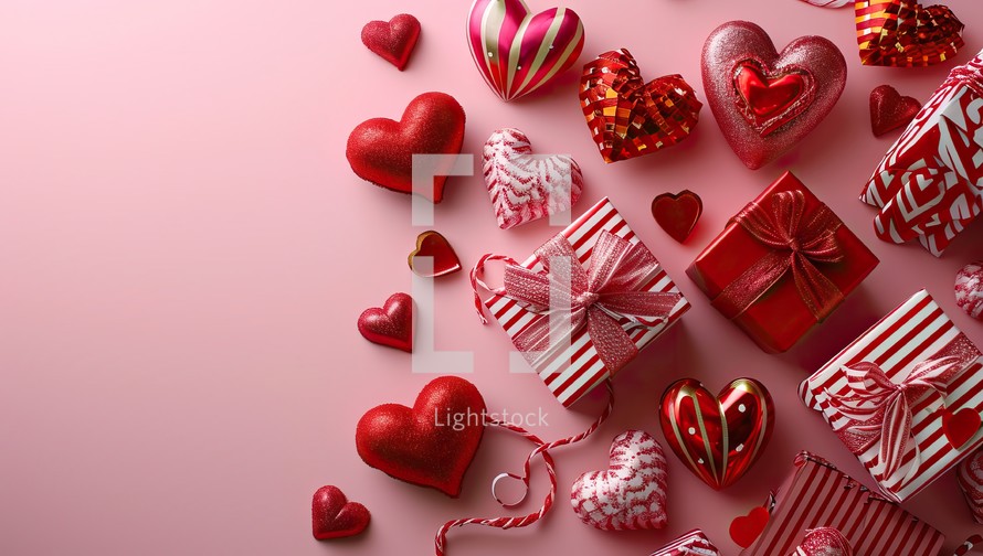 Valentine's day background with red hearts and gift boxes on pink