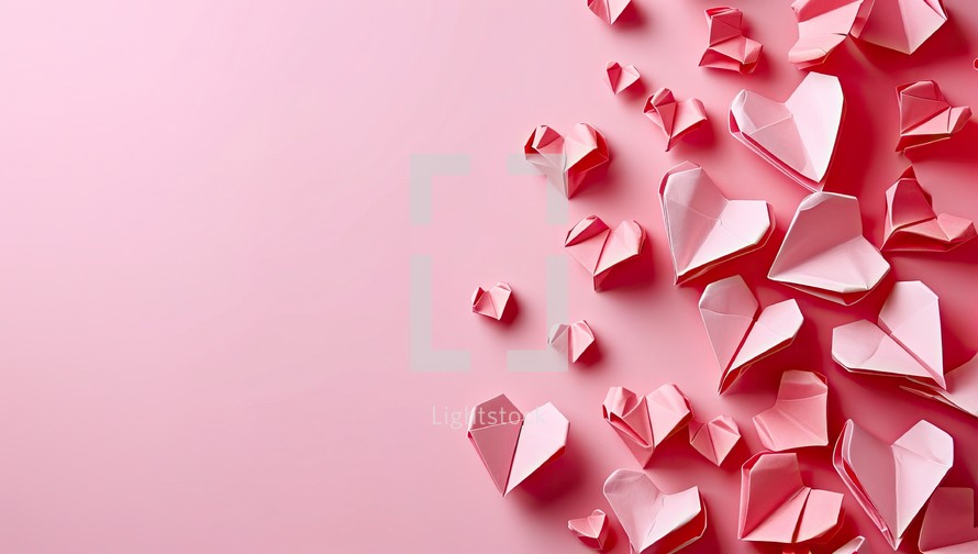Origami paper hearts on pink background. Valentine's day concept.