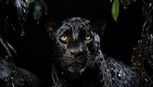 Portrait of a black panther on a black background with leaves.