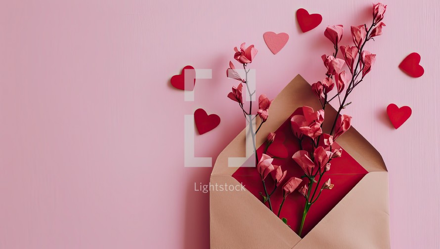 Valentine's day concept. Greeting card with envelope, flowers and hearts on pink background