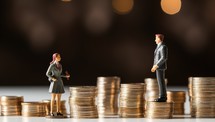 Miniature people: Businessman and businesswoman standing on coins stack with bokeh background